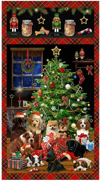 Hunde Stoff Panel Fireside Pups Weihnachtsstoff