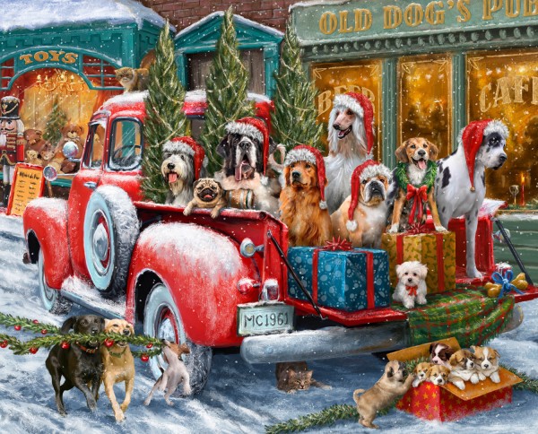 Weihnachtsstoff Panel Dogs on Truck